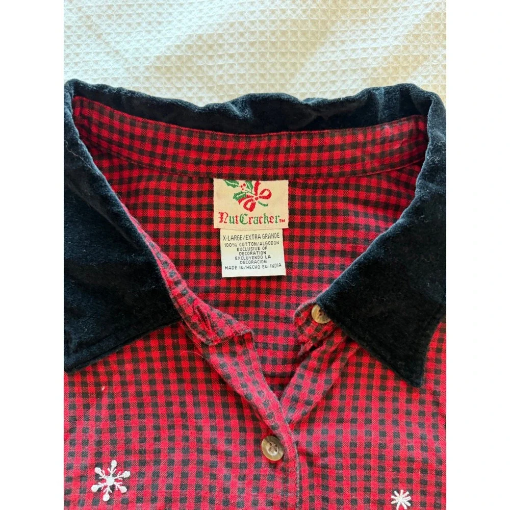 Nutcracker Mens Christmas Gingham Shirt Red Black Velvet Collar Santa XL